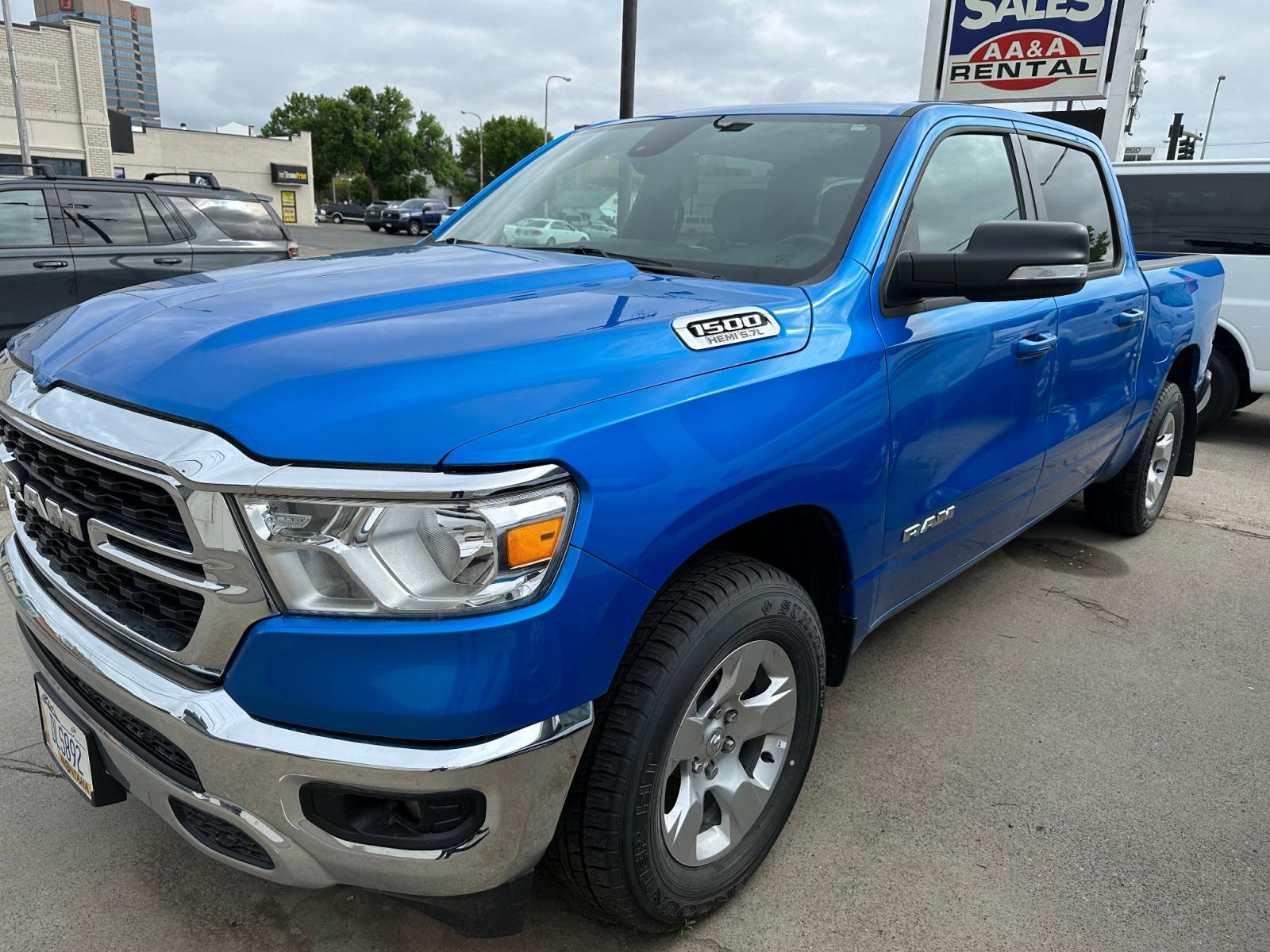 2022 BLUE RAM 1500 Big Horn Crew Cab SWB 4WD (1C6SRFFT1NN) with an 5.7L V8 OHV 16V engine, 8A transmission, located at 3200 1st Avenue North, Billings, MT, 59101, (406) 245-9055, 45.779270, -108.510742 - Full Size Crew Cab 4X4 Available for Rent. Power Heated Seat, Tow Package, Power Windows, Power Door Locks, Tilt Steering, Cruise Control, All the Whistles and Bells. Auto Brokers of Montana/AA&A Auto Rental/Fox Car Rental Billings - Photo #0