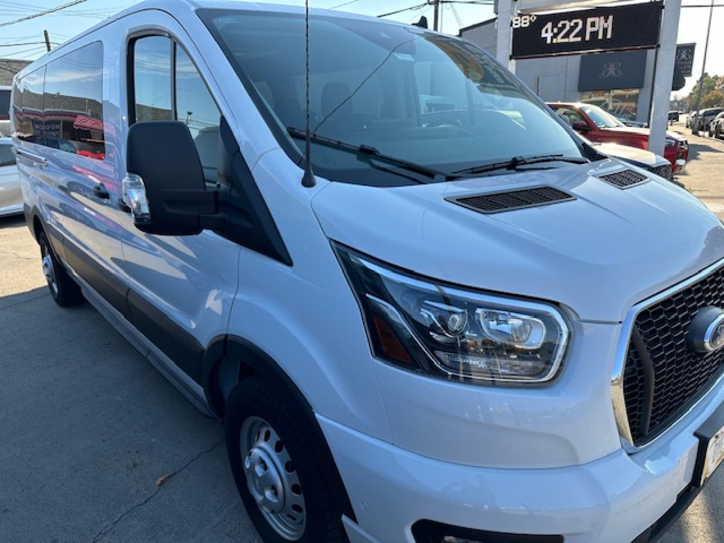 2023 White /Gray Ford Transit 350 Wagon Low Roof XL w/Sliding Pass. 148-in. WB (1FBAX9Y80PK) with an 3.5L V6 DOHC 24V engine, 6A transmission, located at 3200 1st Avenue North, Billings, MT, 59101, (406) 245-9055, 45.779270, -108.510742 - One of Our Lease Vehicles Available for Purchase or Rent. One Owner with Dual Power Front Seats, Cold Climate Control Package, Extended Range Fuel Tank Capacity, Factory Towing, Large Screen Display, Front and Rear Air Conditioning and Heat, Factory Privacy Glass and Less than 16,000 Miles! CarFax D - Photo#1