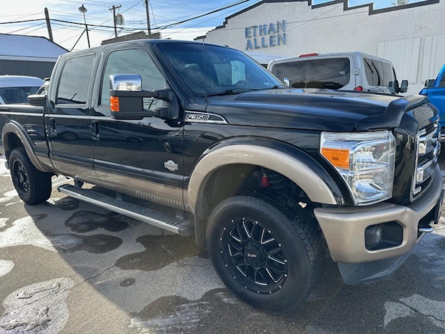 2014 Black /King Ranch Custom Interior Ford F-350 SD King Ranch Crew Cab 4WD (1FT8W3BT1EE) with an 6.7L V8 OHV 16V DIESEL engine, 6-Speed Automatic transmission, located at 3200 1st Avenue North, Billings, MT, 59101, (406) 245-9055, 45.779270, -108.510742 - Super Sharp Ford F350 Super Duty Crew Cab. Local Trade-In, Low Mileage, 6.7-16 Valve Diesel Power, Dual Power Seats, Power Windows, Power Door Locks, Automatic Transmission, Tow Package, Bed Liner, Running Boards, Recessible Ball Hitch, Lockable Tailgate, Blizzak Tires, Extra Set of Wheels & Tires f - Photo#2